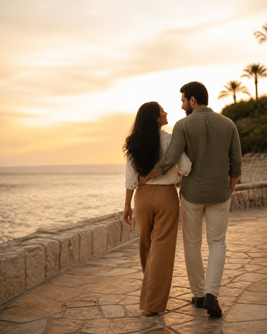 Casal caminhando junto ao entardecer